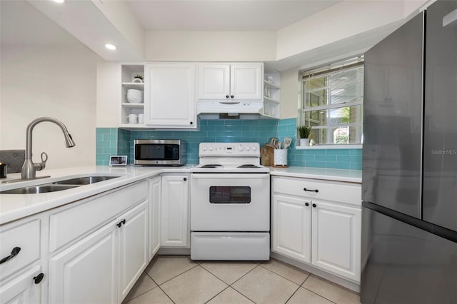 kitchen with open shelves, appliances with stainless steel finishes, a sink, and under cabinet range hood