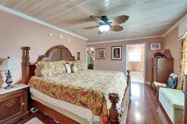 bedroom featuring crown molding, wood finished floors, visible vents, and wooden ceiling