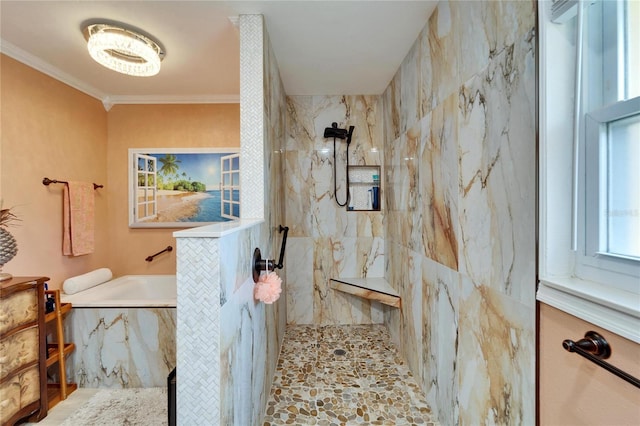 full bath with a marble finish shower, a garden tub, and ornamental molding