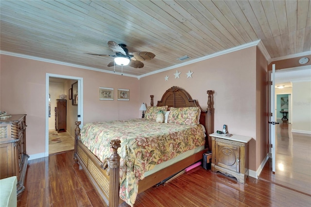 bedroom featuring visible vents, wood finished floors, wooden ceiling, and ornamental molding