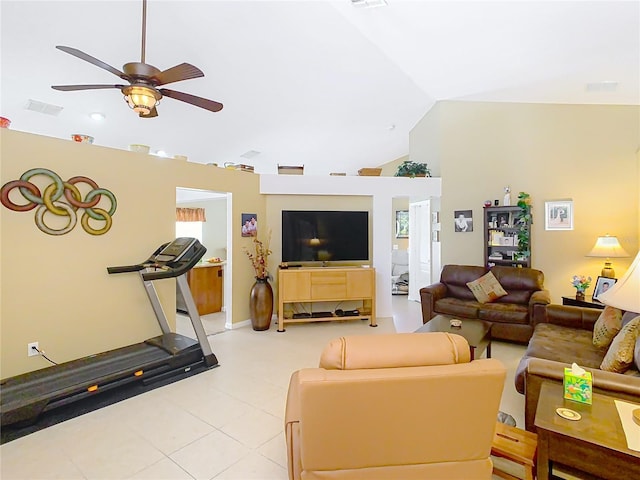 living area with lofted ceiling, light tile patterned flooring, visible vents, and ceiling fan