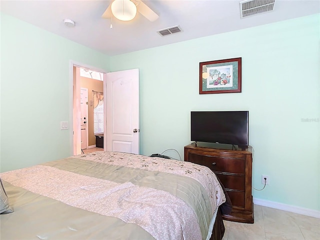 bedroom with visible vents, ceiling fan, and baseboards