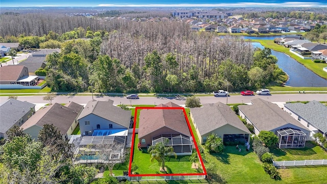 aerial view featuring a residential view and a water view