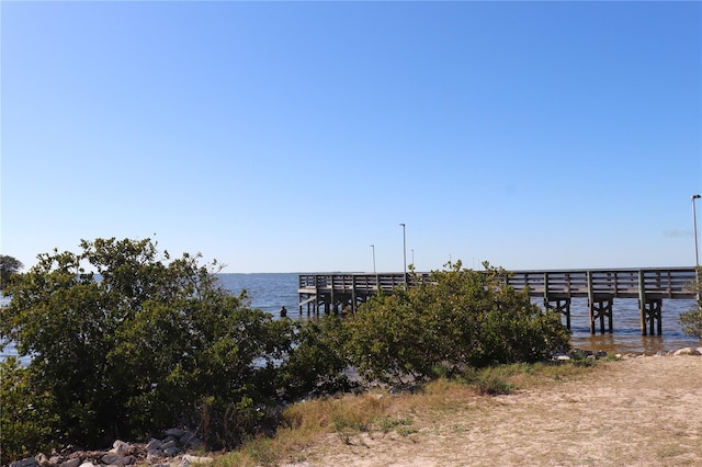 dock area featuring a pier and a water view