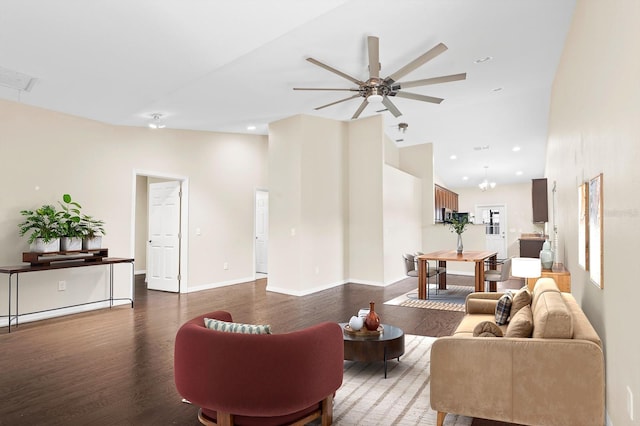 living area featuring dark wood finished floors, recessed lighting, baseboards, and ceiling fan