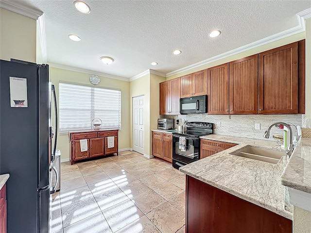 kitchen with black appliances, a sink, light stone counters, crown molding, and decorative backsplash