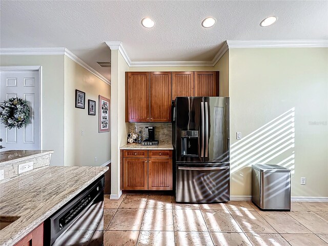 kitchen with ornamental molding, brown cabinetry, decorative backsplash, dishwasher, and black refrigerator with ice dispenser