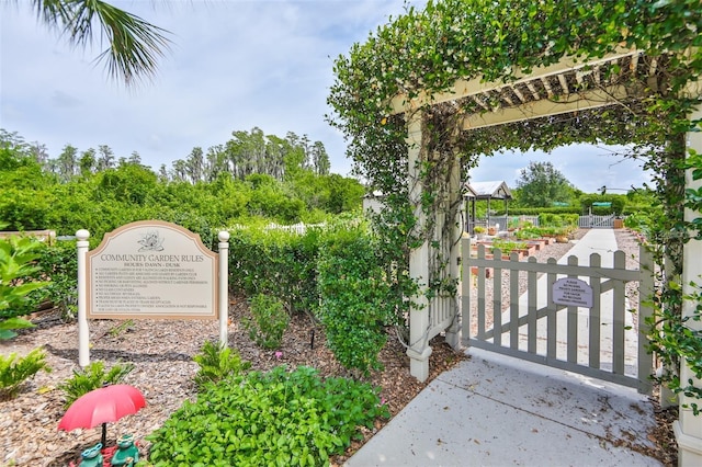 community / neighborhood sign featuring a gate