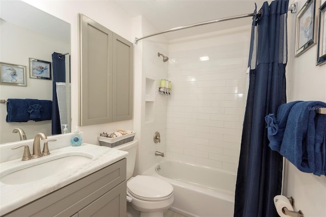 full bath with vanity, toilet, and shower / bathtub combination with curtain