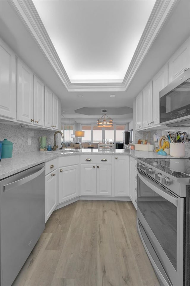 kitchen with light wood-type flooring, stainless steel appliances, and a raised ceiling