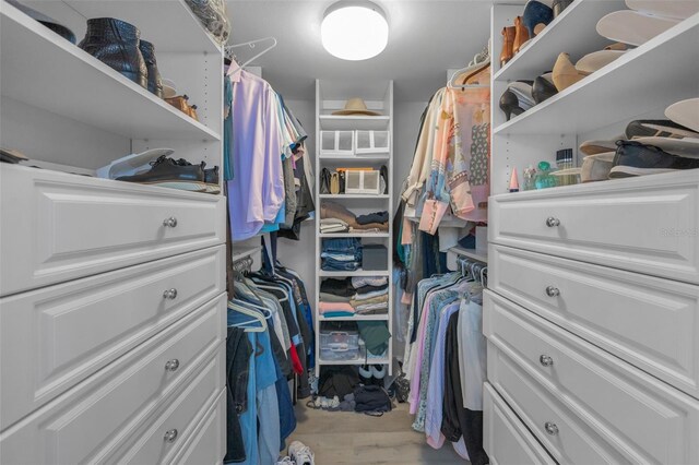 walk in closet with wood finished floors