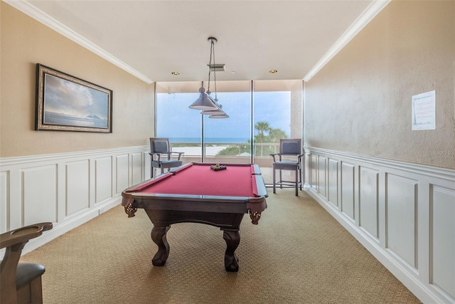 game room with a wainscoted wall, pool table, a decorative wall, ornamental molding, and carpet flooring