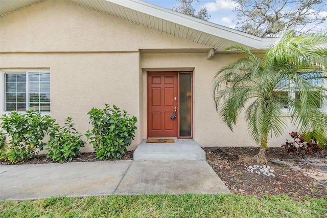 view of exterior entry with stucco siding