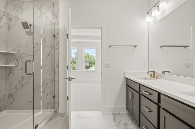 408 W Paris St, Tampa, FL 33604 - bathroom featuring a marble finish shower, double vanity, and marble finish flooring