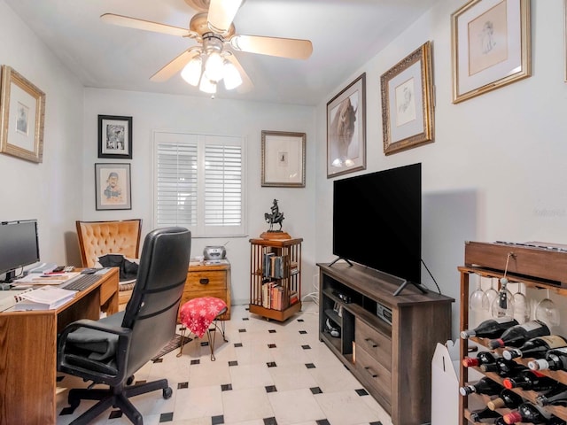 office with light floors and ceiling fan