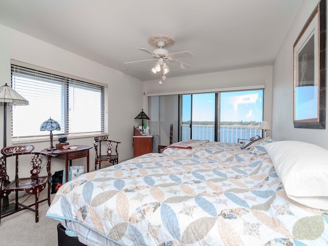 bedroom with access to exterior, multiple windows, carpet, and a water view