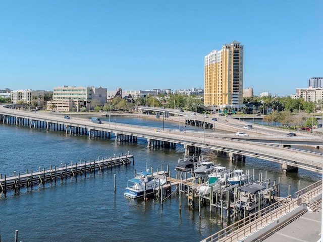 exterior space featuring a view of city and a boat dock