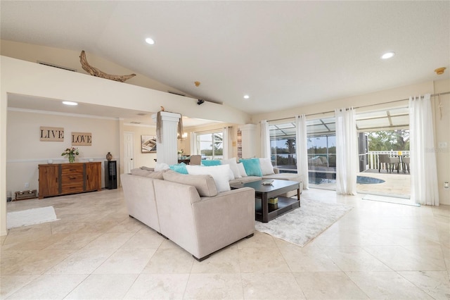 living room with recessed lighting, decorative columns, light tile patterned floors, and vaulted ceiling