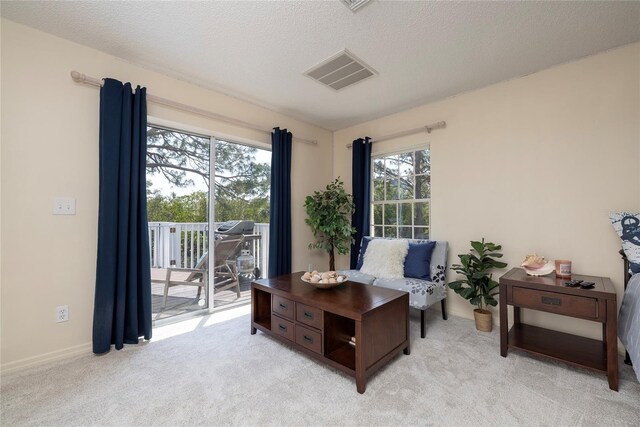 office with baseboards, light colored carpet, visible vents, and a textured ceiling