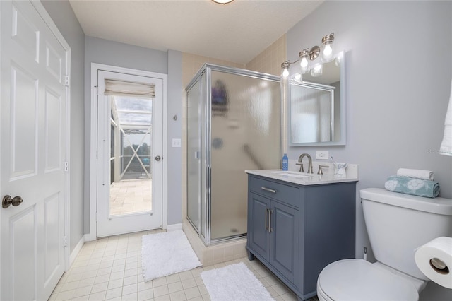 bathroom with vanity, a shower stall, toilet, and tile patterned floors