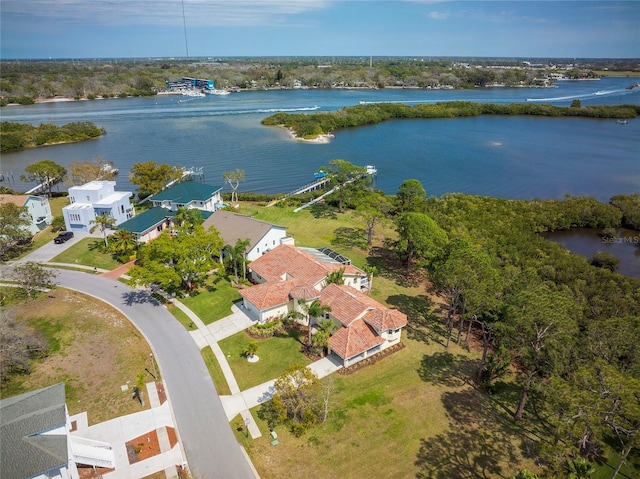 aerial view featuring a water view