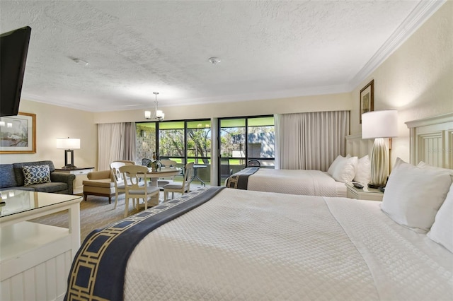 bedroom with crown molding, a textured ceiling, and an inviting chandelier