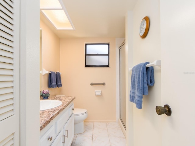 full bath with toilet, a stall shower, vanity, and marble finish floor