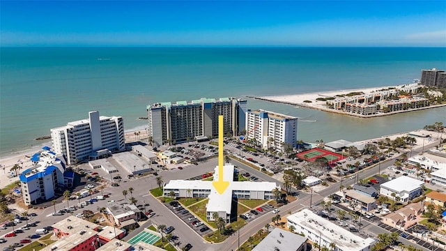 aerial view with a city view and a water view