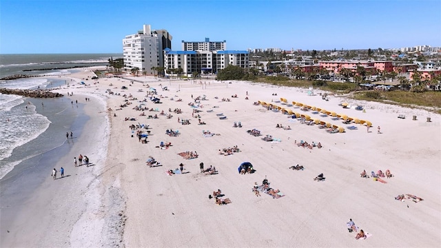 aerial view featuring a view of the beach, a view of city, and a water view