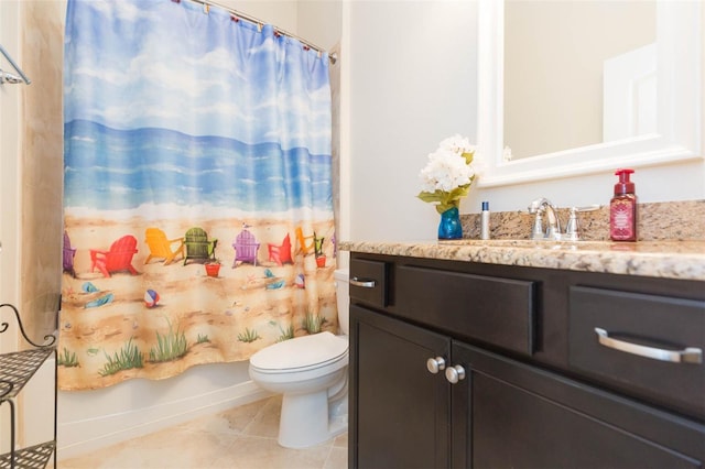 bathroom with tile patterned floors, shower / tub combo, toilet, and vanity