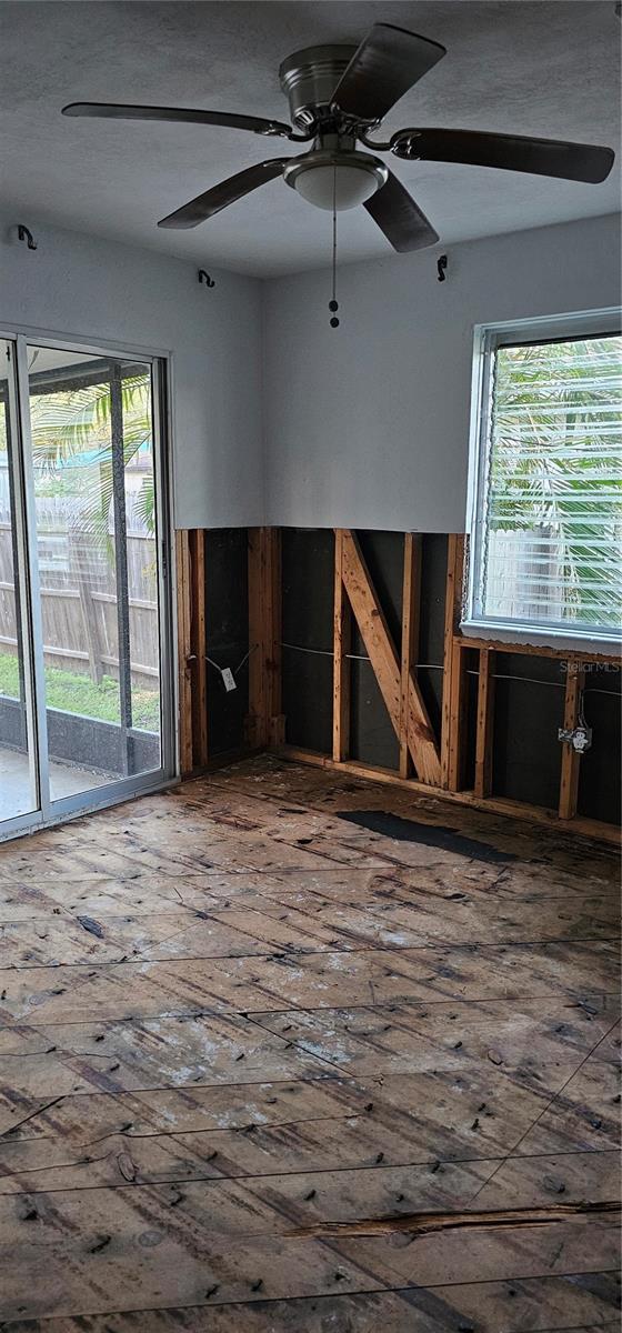 empty room with wood-type flooring, a wealth of natural light, and a ceiling fan