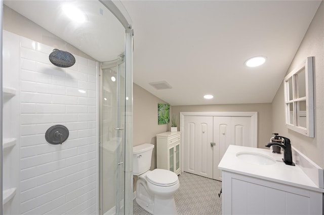 full bathroom featuring toilet, lofted ceiling, recessed lighting, a stall shower, and vanity