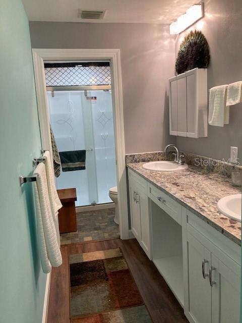 bathroom featuring visible vents, a sink, a shower stall, and double vanity