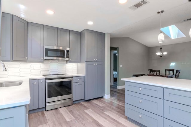 kitchen with visible vents, light wood finished floors, a sink, light countertops, and appliances with stainless steel finishes