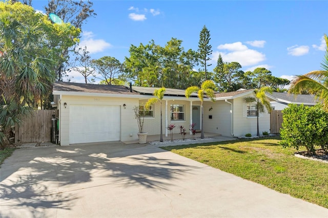 ranch-style house featuring a front yard, fence, concrete driveway, a garage, and roof mounted solar panels