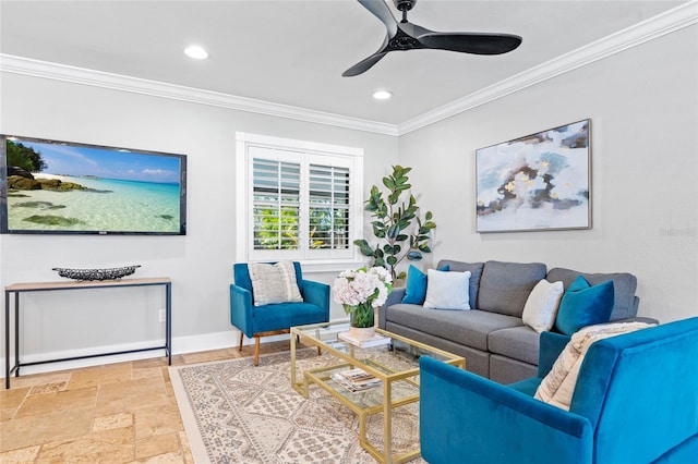 living room with recessed lighting, baseboards, stone tile flooring, and ornamental molding