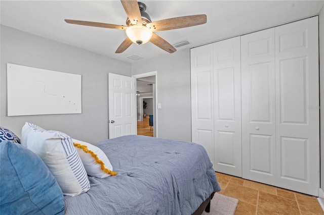 bedroom featuring a closet, visible vents, and a ceiling fan