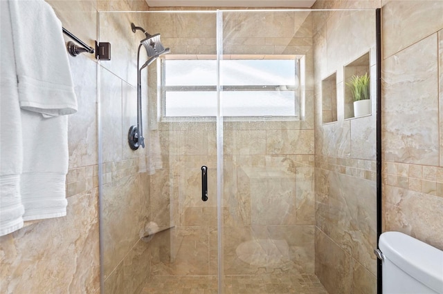 bathroom featuring a shower stall and toilet