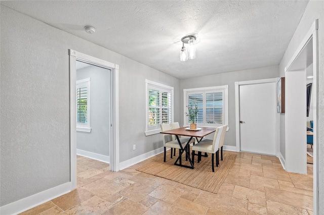 dining room with baseboards, a textured ceiling, stone tile floors, and a textured wall