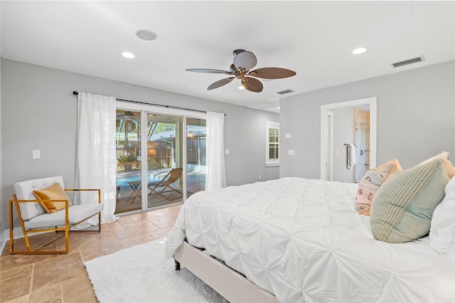 bedroom with stone tile flooring, visible vents, recessed lighting, and access to outside