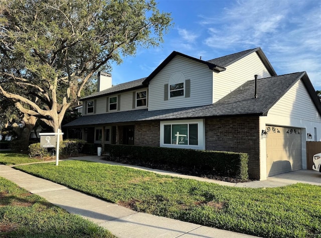 9067 Cypress Trl, Seminole, FL 33777 - traditional-style house featuring a chimney, an attached garage, a front lawn, and brick siding