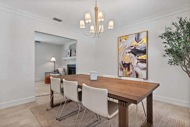 9067 Cypress Trl, Seminole, FL 33777 - dining space with baseboards, crown molding, a fireplace, and a chandelier