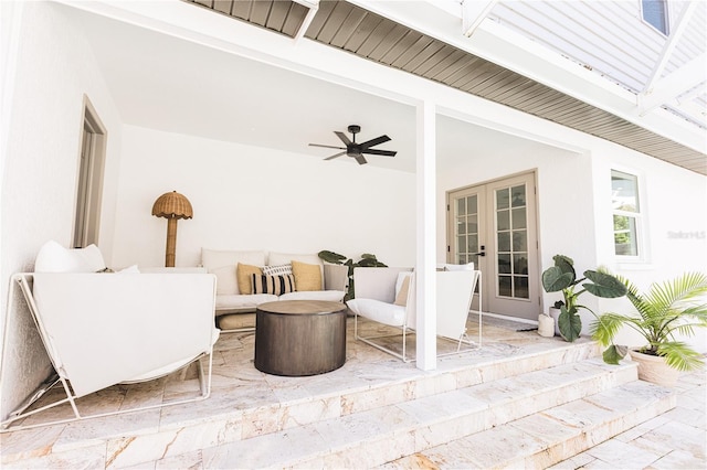 9067 Cypress Trl, Seminole, FL 33777 - view of patio featuring french doors, a ceiling fan, and outdoor lounge area