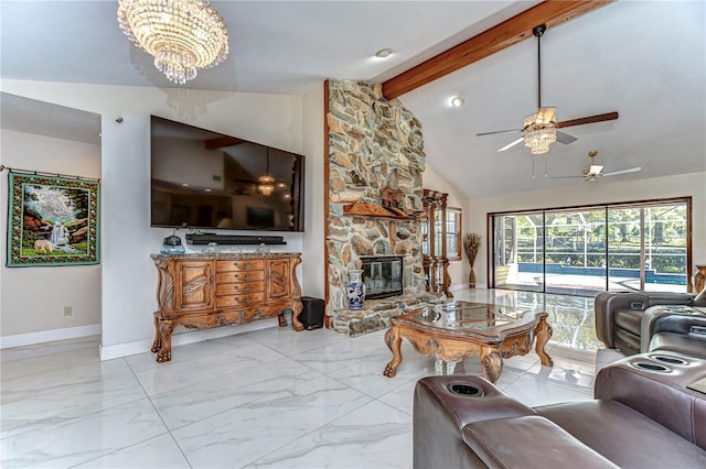 living room featuring baseboards, high vaulted ceiling, a fireplace, beamed ceiling, and marble finish floor