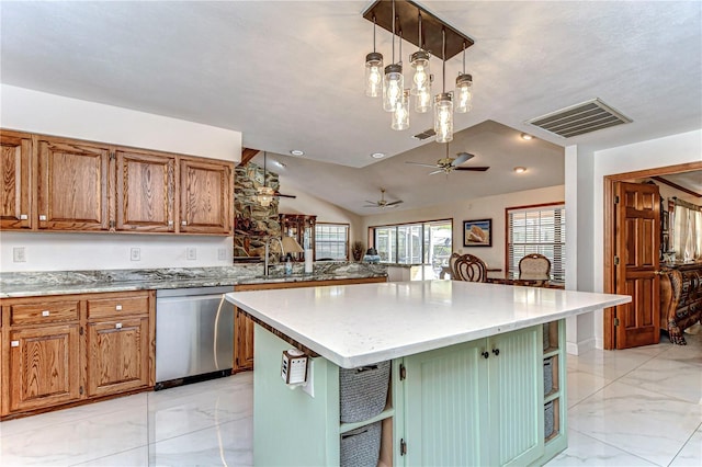 kitchen featuring visible vents, a sink, marble finish floor, dishwasher, and brown cabinets