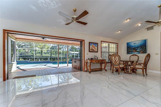 interior space featuring visible vents, marble finish floor, vaulted ceiling, and a sunroom