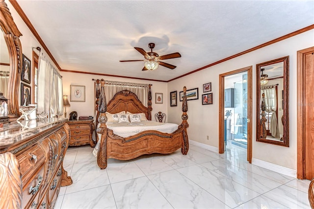 bedroom featuring connected bathroom, crown molding, baseboards, marble finish floor, and a ceiling fan