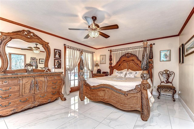 bedroom with crown molding, ceiling fan, baseboards, marble finish floor, and access to outside