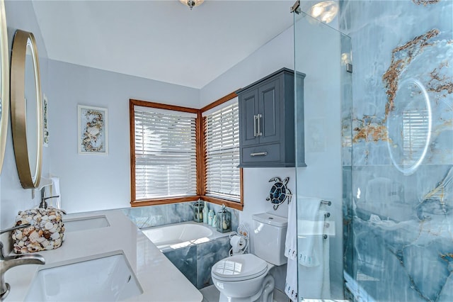 bathroom with a shower stall, toilet, a garden tub, and a sink