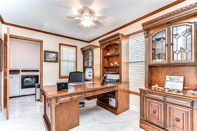 home office featuring marble finish floor, baseboards, crown molding, and a ceiling fan